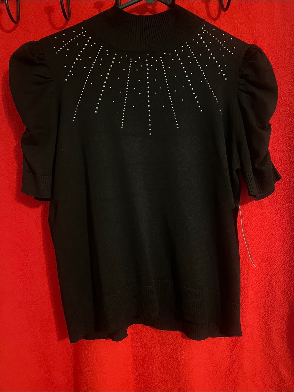Black Studded Mock-Neck Puff Sleeve Sweater Top